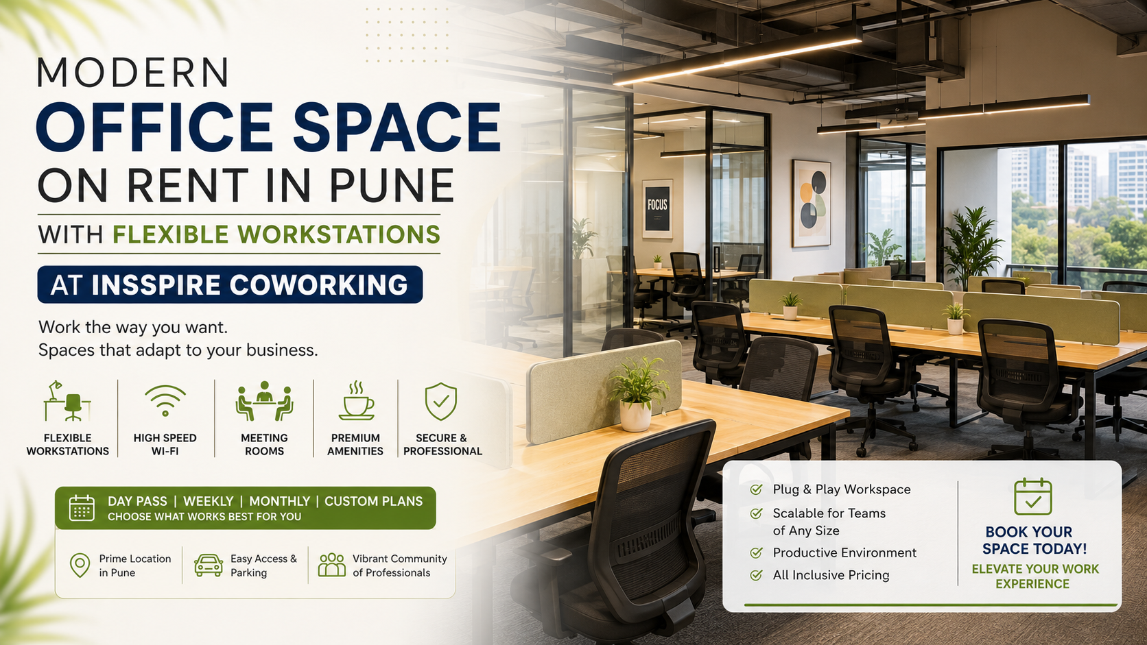 Modern office space on rent in Pune with flexible workstations at Insspire Coworking